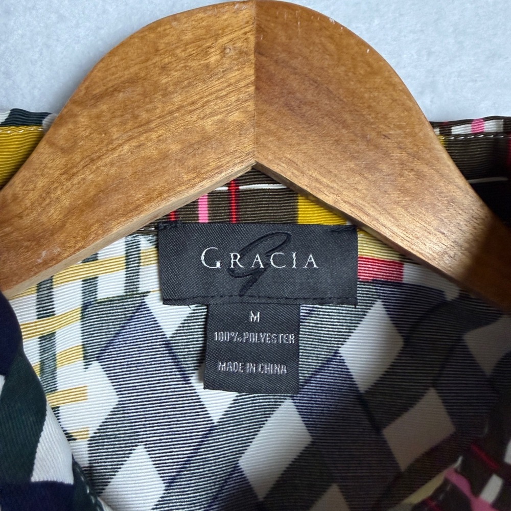 Gracia Womens Mixed Plaid Patchwork Puff Sleeve Button Down Blouse Size M - Picture 3 of 10